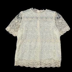 Everleigh Sheer Floral Scalloped Hem Shirt S